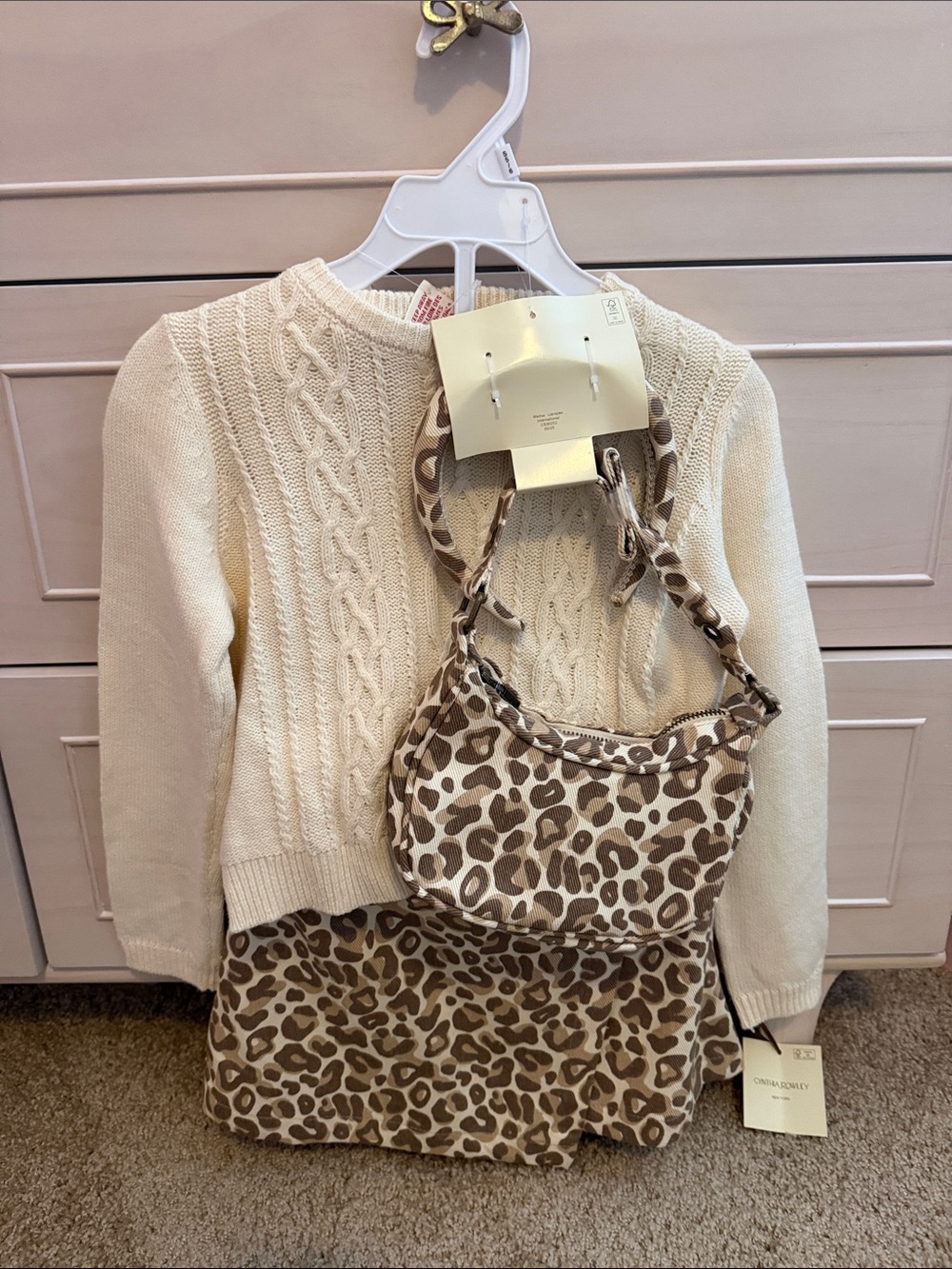 Cynthia Rowley Kids Cream Cable Knit Sweater with Beige Leopard Skirt & Purse
